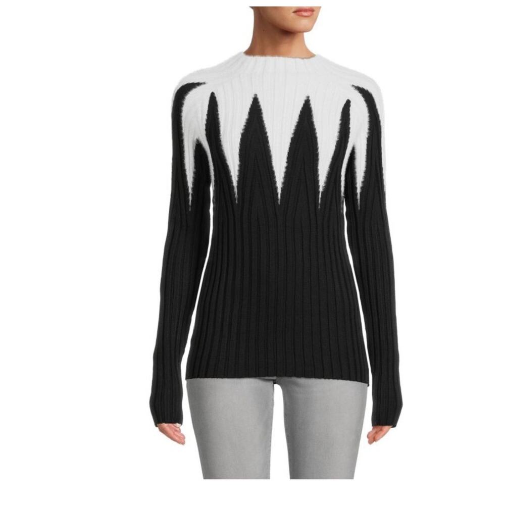 YAL New York Sweater Womens Large Black & White Mockneck Ribbed Artsy Pullover